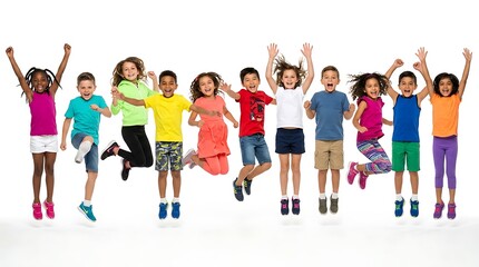 Obraz premium Group of happy diverse children jumping and having fun together in colorful summer clothing