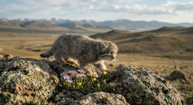 Pallass cat walking on rocky terrain in a dry landscape.