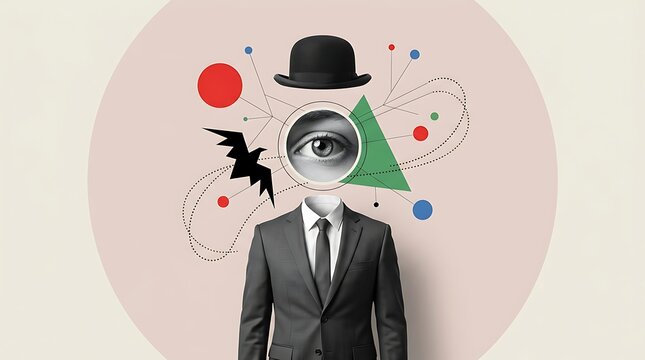 Surreal collage art of a businessman in a suit with a large eye head and bowler hat