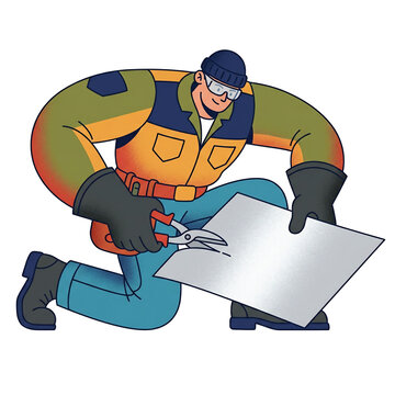 Professional industrial metalworker character cutting steel sheet using hand shears illustration on black