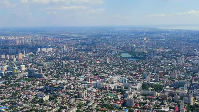 Krasnodar, Russia. Flight over the city in summer. Drone footage