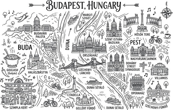Budapest Hungary hand drawn illustrated map with famous landmarks city sights and tourist attractions
