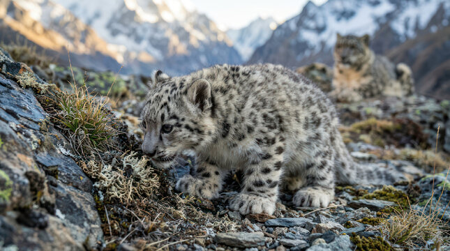 Snow Leopard Cub Exploring Rocky Mountain Terrain.