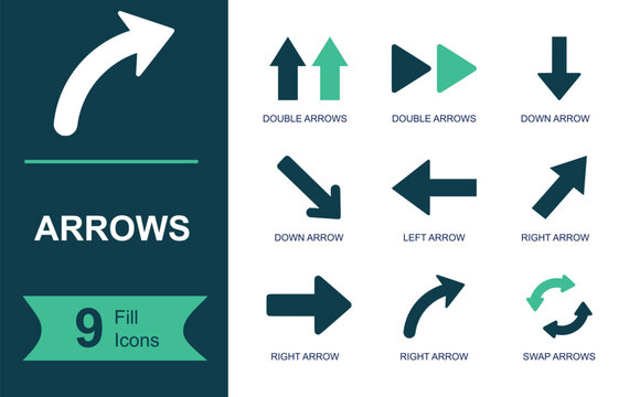 Arrow symbol icon set. Containing double up arrow, fast forward, down arrow, diagonal arrow, left arrow, right arrow, turn arrow, curved arrow, swap arrow and more. Solid fill vector icons.
