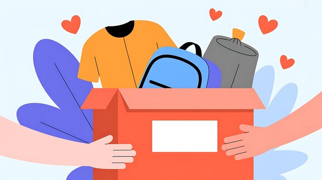 People donating clothes and items in a cardboard box