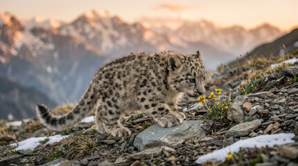 Fototapeta premium Snow Leopard Walking on Rocky Mountain Slope at Sunset.