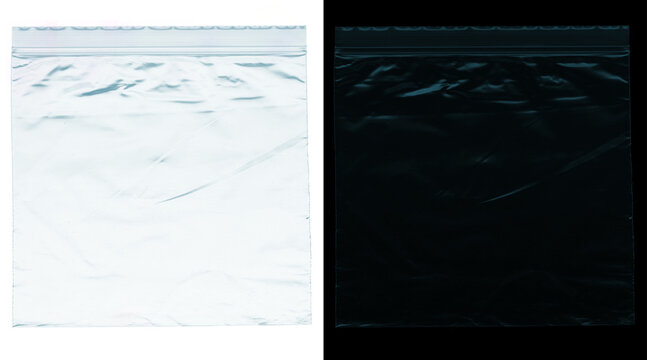 Transparent plastic zip bag texture on white and black backgrounds, wrinkled polyethylene baggie mockup, clear poly packaging material for design overlays