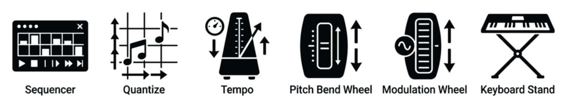 Set of music production software interface elements featuring sequencer, quantize, tempo, pitch bend, modulation wheel, and keyboard stand for audio engineering applications