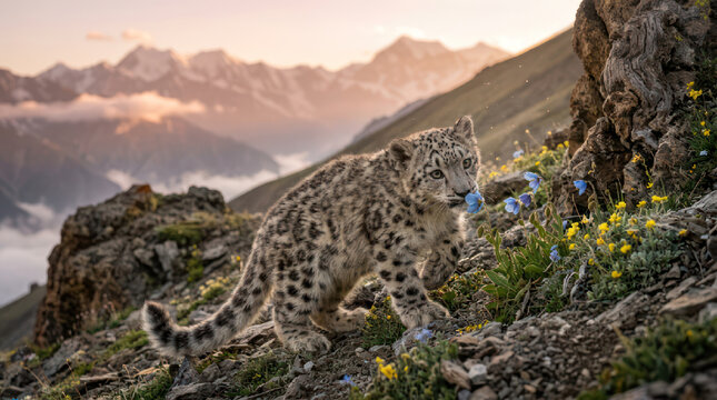 Snow leopard with blue object in mountainous terrain at sunrise.