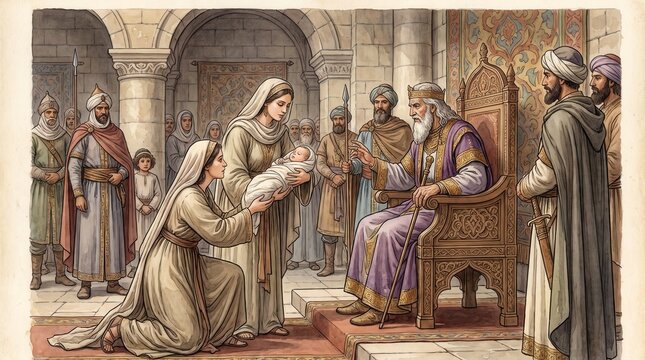 Two women holding baby before King Solomon on royal throne. Old Testament biblical theme of wisdom and justice. Ancient court scene watercolor illustration