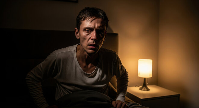 A Man Waking Up Disturbed In The Dark With A Lamp