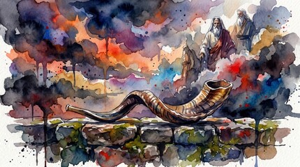 Obraz premium Ancient shofar horn on a stone wall under a dramatic sky. Watercolor illustration of biblical heroes and prophets. Old Testament religious concept