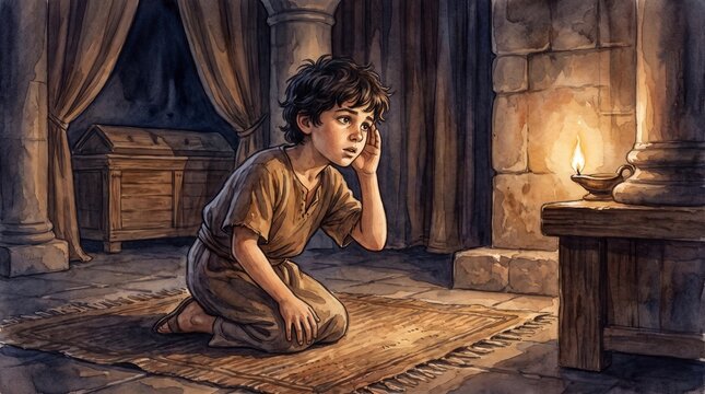Young boy Samuel kneeling in dark temple listening to voice. Old Testament biblical theme of calling and prophecy. Sacred temple interior watercolor illustration