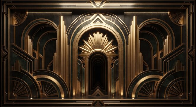 Luxurious 3D Art Deco stage design with golden arches, columns, and sunburst motifs on a dark background