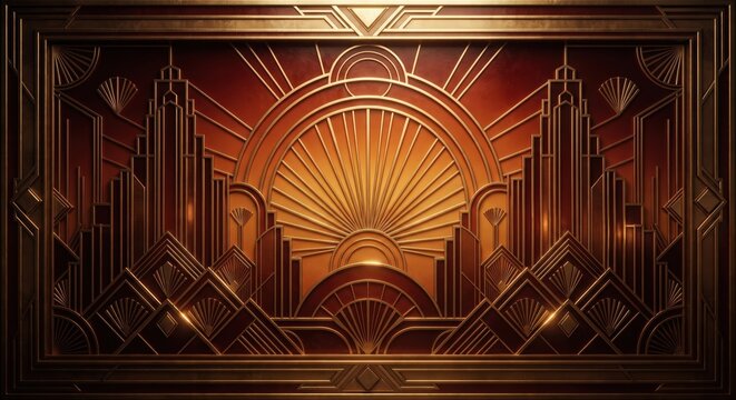 Luxurious 3D Art Deco background with golden geometric sunburst and cityscape motifs on a copper bronze wall