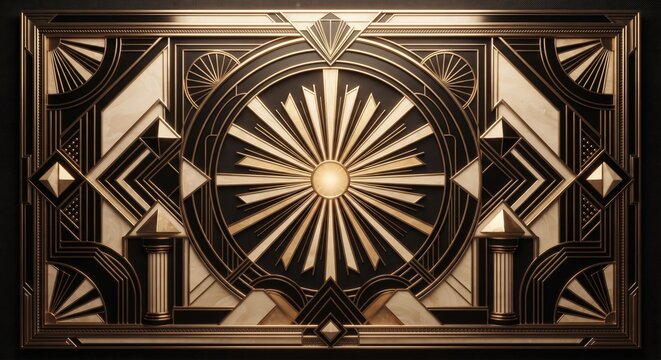 Luxurious 3D Art Deco ornate panel featuring a golden sunburst, geometric shapes and columns on a black background