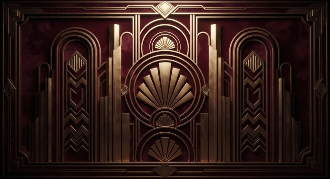 Luxurious 3D Art Deco panel with golden geometric arches, columns and sunburst motifs on a deep burgundy background