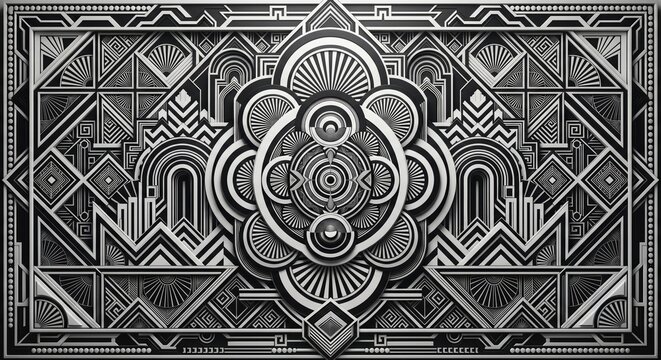 Complex black and white 3D Art Deco geometric pattern with a central circular mandala motif and intricate lines