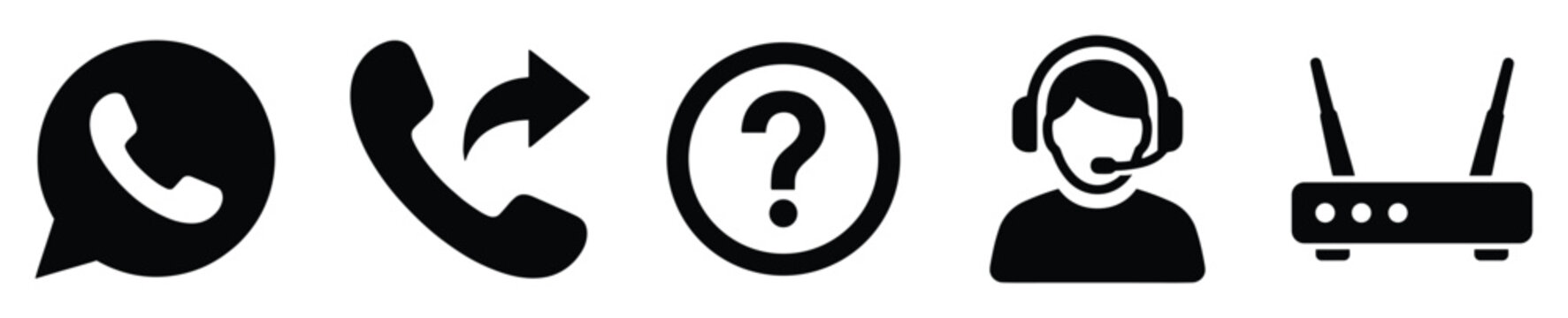 Set of communication and customer support icons illustrating various contact methods, assistance, and internet connectivity options for websites and applications.