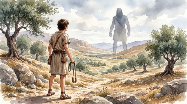 Young David holding leather sling looking at giant silhouette in valley. Biblical story of David and Goliath. Old Testament watercolor illustration