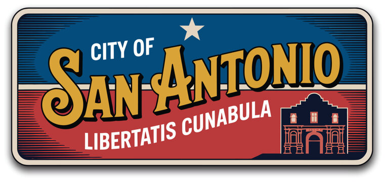 San Antonio sticker, vintage United States travel plate vector featuring USA banner, flag star symbol, souvenir postcard and Libertatis Cunabula motto for retro tourism, vector designs