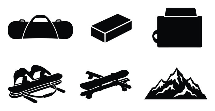 Set of essential winter sports equipment icons including a duffle bag snowboard skis thermos and mountains ideal for outdoor adventure tourism marketing and apparel branding.