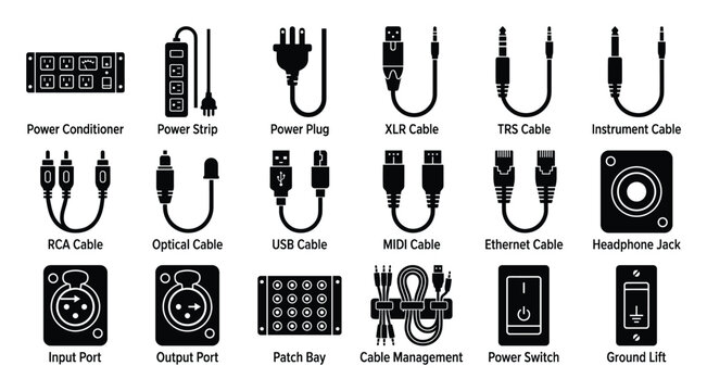 Set of audio and power connection icons including various cables, ports, and power management devices for electronics and studio equipment interfaces.