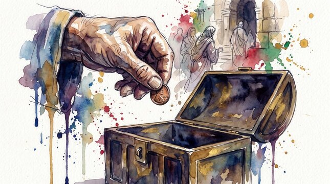 Close up of hand dropping small mite coin into bronze chest. Biblical Parables theme. Widow's mite concept