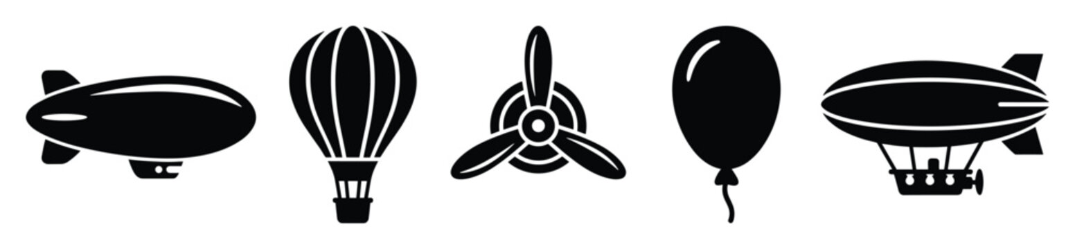 Diverse set of air transportation symbols including blimps hot air balloons and propellers ideal for aviation themed graphic projects or educational materials