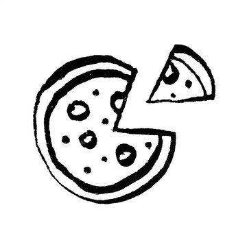 Hand-drawn pizza with one missing slice in black pencil line art, isolated on transparent background, perfect for food logos, restaurant branding, menu design, icons, and creative illustrations.