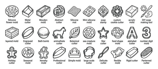 Fototapeta premium Set of diverse crafting molds and cutters including silicone, metal, and wooden types for DIY projects, baking, and soap making resources