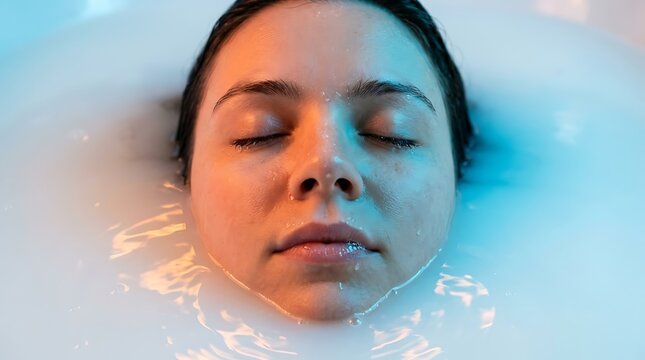 Young woman with closed eyes relaxing in a milky bath with blue and orange neon lighting