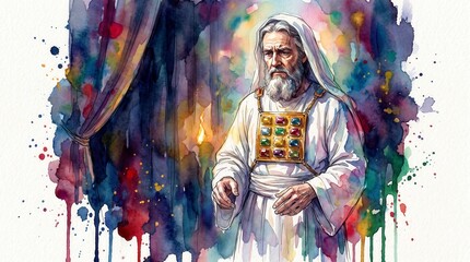 Fototapeta premium High priest in white linen robes wearing a gemstone breastplate. Ancient Hebrew sanctuary setting. Watercolor illustration of Old Testament religious leader