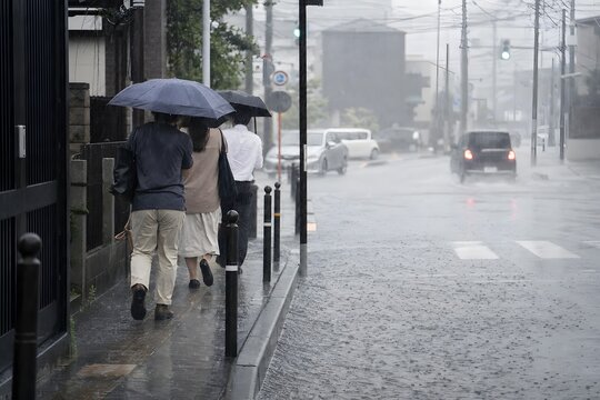 ゲリラ豪雨で冠水した歩道を歩く