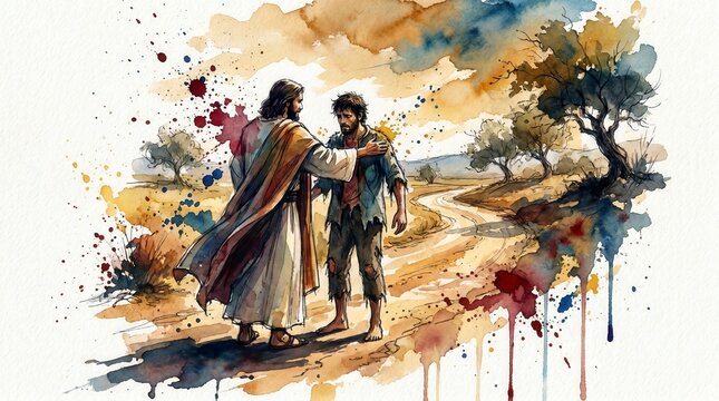Father welcoming his prodigal son on a dusty road. Watercolor illustration of biblical parables. Forgiveness and reconciliation concept. New Testament story