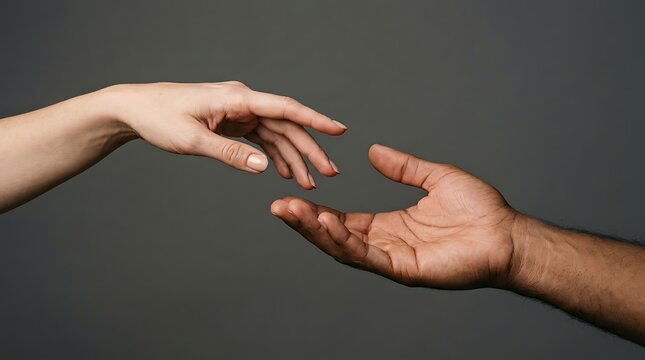 Two people reaching out to touch hands against a dark grey background