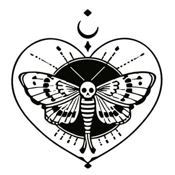 Mystic heart outline with a skull patterned moth and crescent moon, dark boho tattoo style design symbolizing death and transformation.