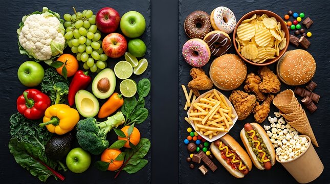Healthy fresh fruits and vegetables versus unhealthy junk food on a black wooden table