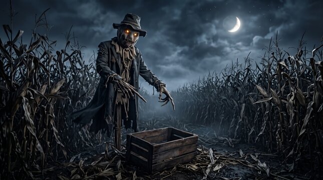 Mysterious Scarecrow Guarding Empty Wooden Crate in Midnight Cornfield Halloween Background