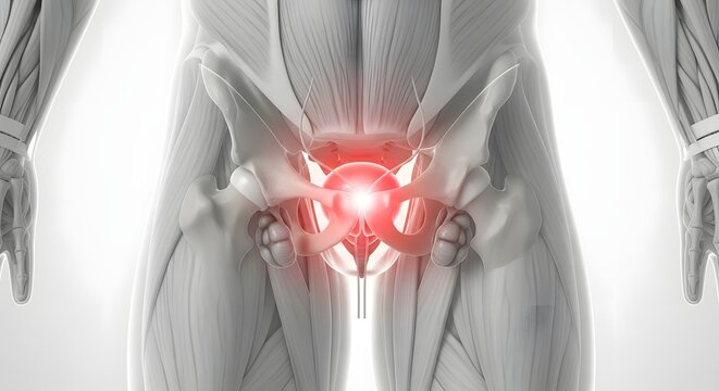 Pelvic Pain Concept: 3D Human Anatomy with Red Highlight Indicating Discomfort or Inflammation
