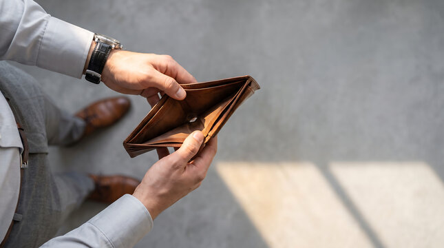 Closeup of a man holding an empty brown leather wallet in his hands
