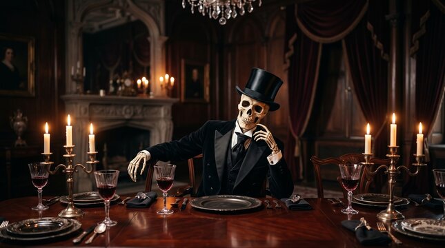 Sinister Skeleton Gentleman at Empty Mahogany Dining Table for Halloween Campaign