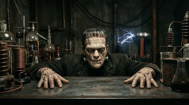 Classic Stitched Monster with Industrial Metal Workbench for Halloween Product Placement