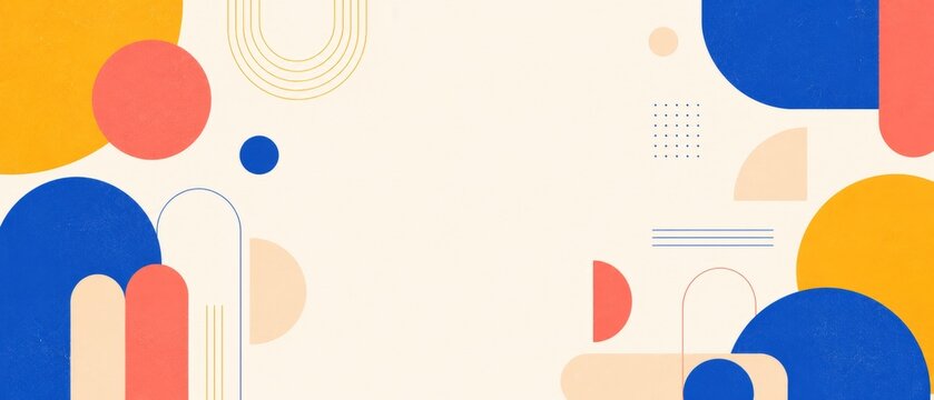 Minimal modern abstract geometric background featuring colorful rounded shapes, circles, semicircles, arches and rounded rectangles in blue, yellow, coral and beige flat layout