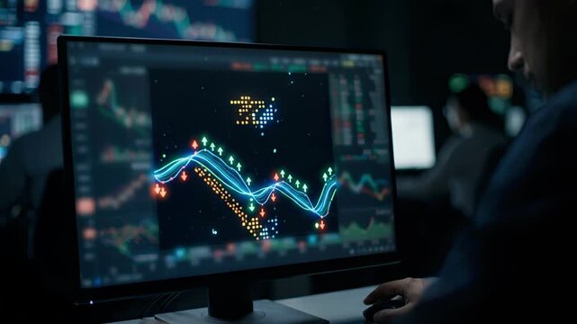 Medium shot showcasing currency market signals powered by machine learning vivid realtime indicators in focus and muted blurred graphs at edges.
