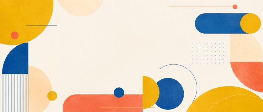 Abstract midcentury modern geometric composition featuring colorful overlapping circles, semicircles and rounded rectangles with clean lines, dots and yellow, blue and coral tones