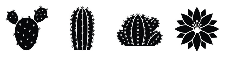 Fototapeta premium Set of black cactus plant and flower silhouettes perfect for arid landscape botanical themes and graphic design projects