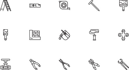 Home renovation and painting outline icon set showcasing brick walls paint rollers measuring tape levels sharp nails and heavy duty pliers vector graphic design © Mr. Akash