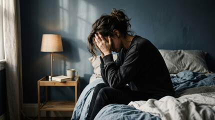 Fototapeta premium Woman In Bed Holding Head In Hands Depicting Sadness And Despair