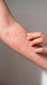 A close-up of a person arm suffering from a severe red skin rash, hives, or eczema, being scratched by fingers to relieve intense itching, illustrating an acute allergic reaction.